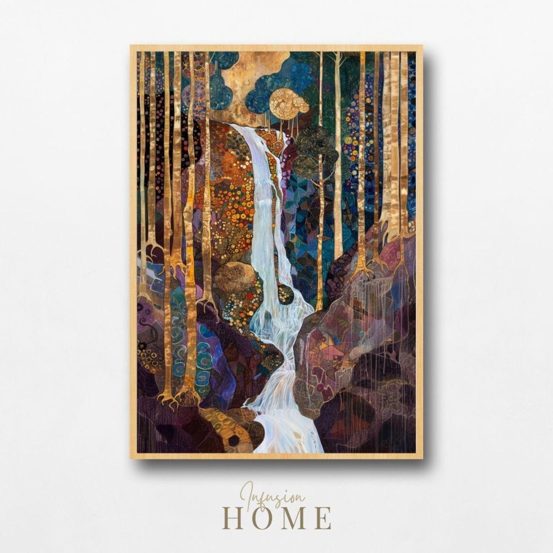 Golden Forest Waterfall Birch Trees Art Nouveau Mosaic Poster