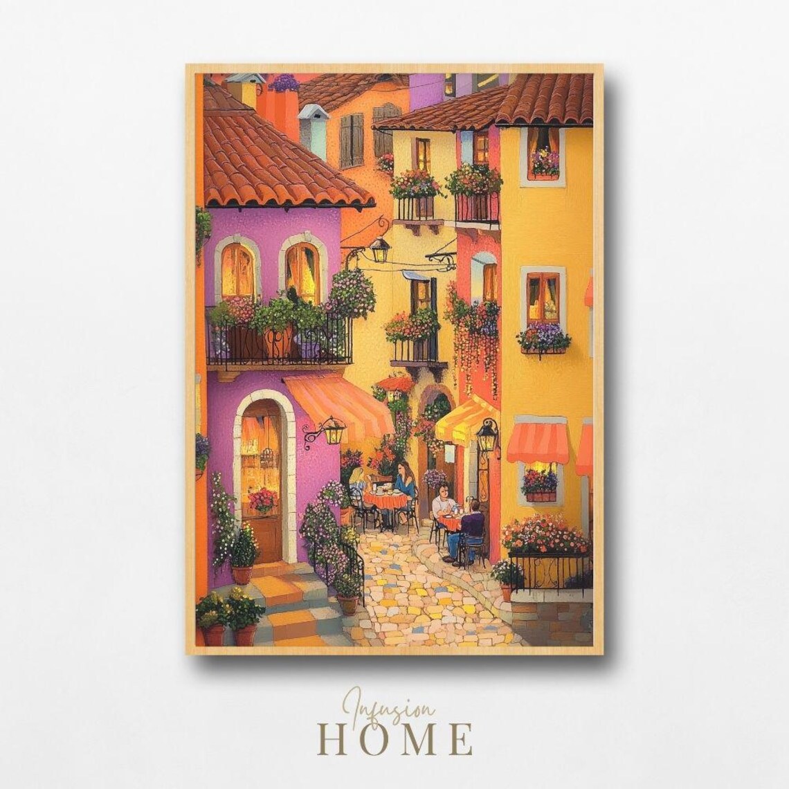 Colorful European Village Cafe Street Flowers Restaurant Poster