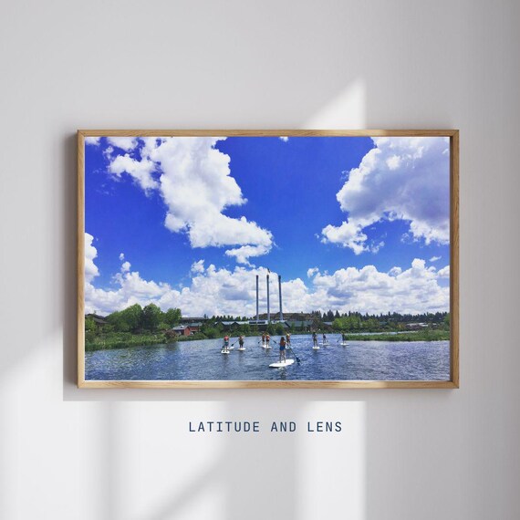 Paddle Boarders River Blue Sky Summer Adventure Photo Print Decor
