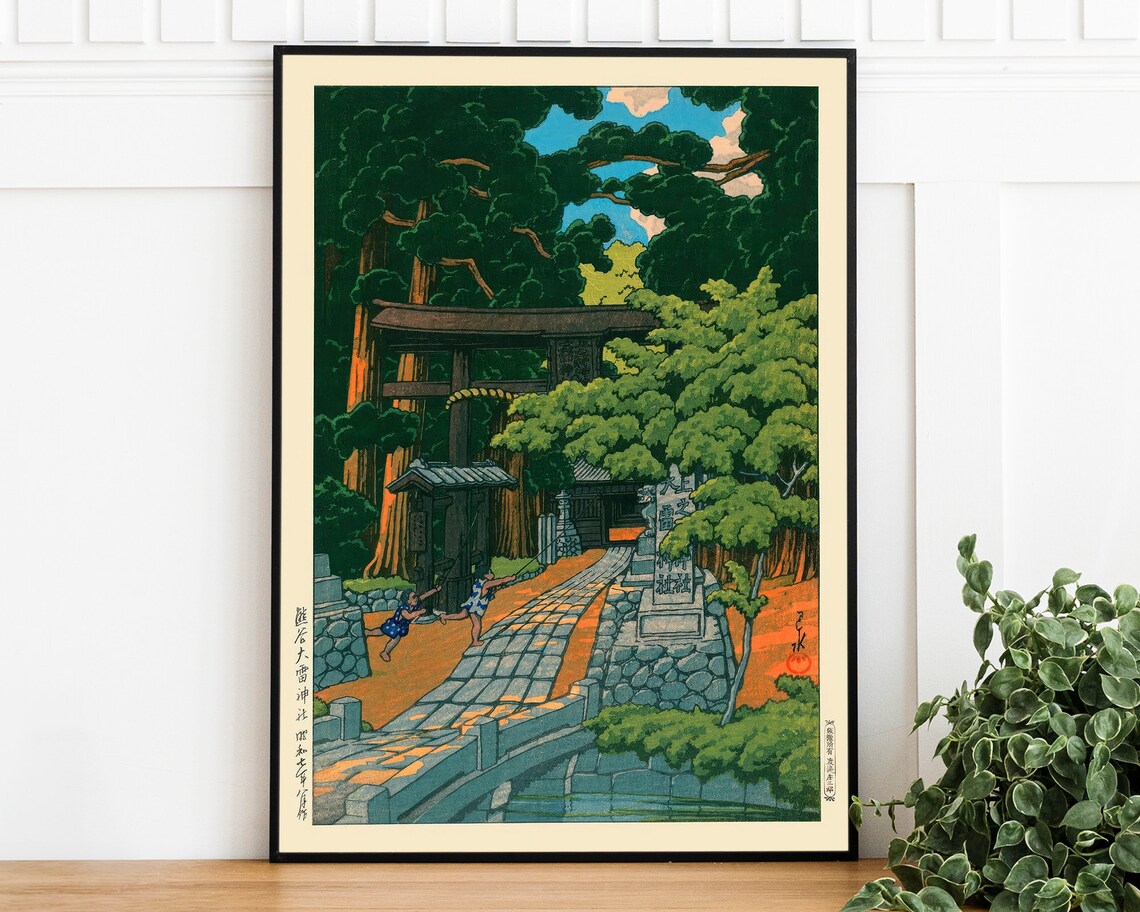 Japanese Temple Forest Shrine Torii Gate Woodblock Art Poster