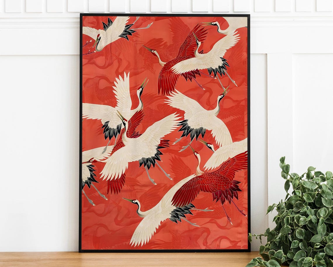 Red and White Cranes Japanese Kimono Style Vintage Bird Art Poster