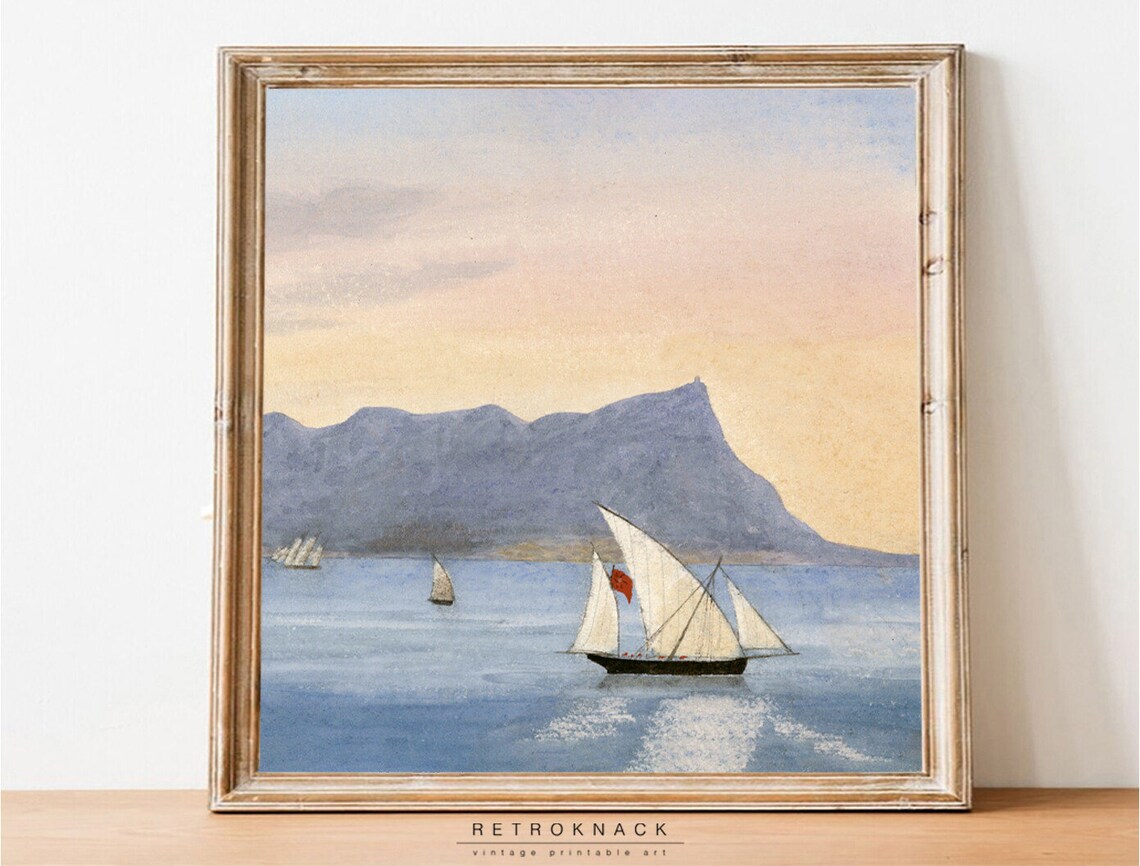 Sailboats Sunset Mountain Seascape Antique Watercolor Sailing Art Poster