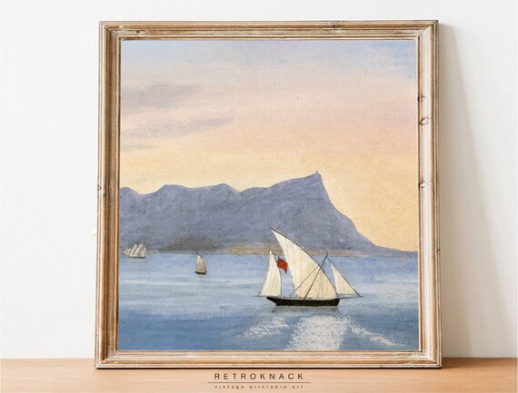 Sailboats Sunset Mountain Seascape Antique Watercolor Sailing Art Poster