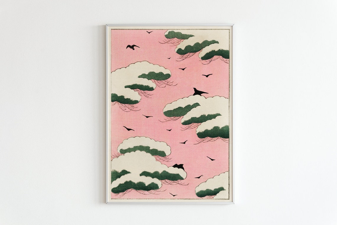 Japanese Snowy Pine Trees Crows Vintage Woodblock Art Poster