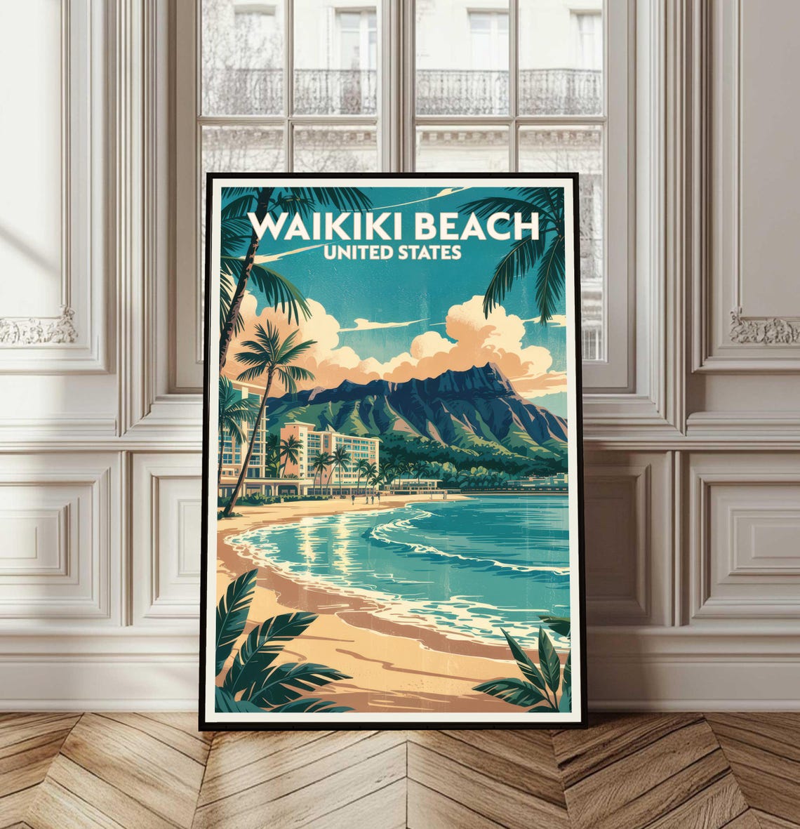 Waikiki Beach Hawaii Diamond Head Retro Vintage Travel Poster