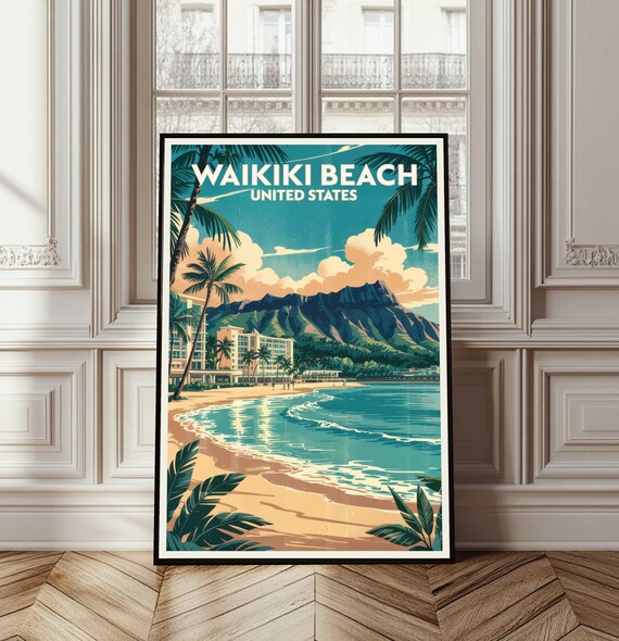 Waikiki Beach Hawaii Diamond Head Retro Vintage Travel Poster