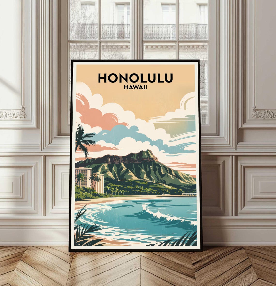 Honolulu Hawaii Retro Travel Poster Diamond Head Beach Style