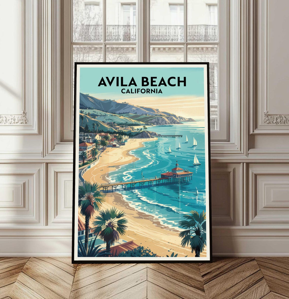 Avila Beach California Vintage Travel Poster Pier Palm Scene