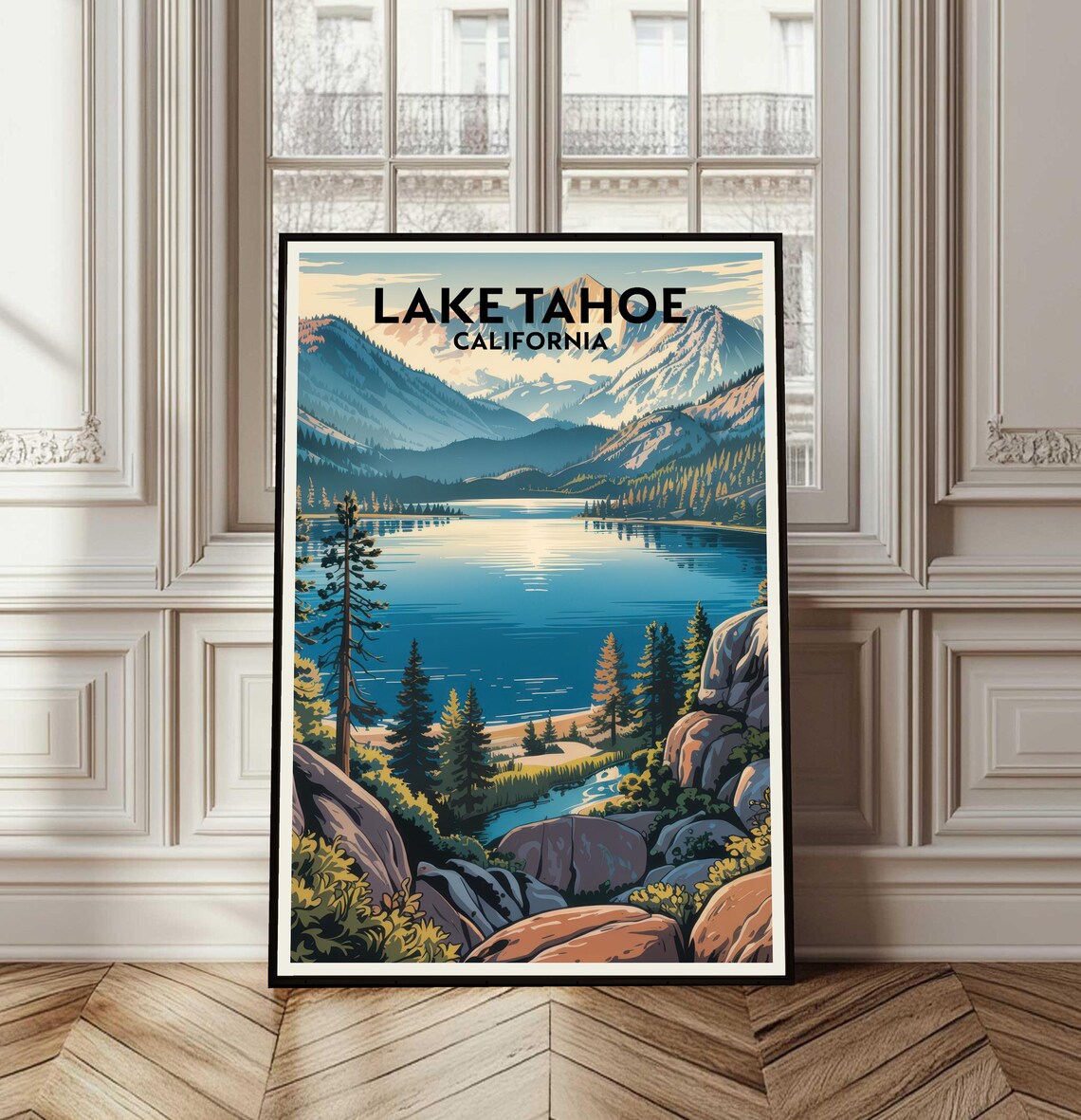Lake Tahoe California Retro Travel Poster Mountain Pines Lake Art