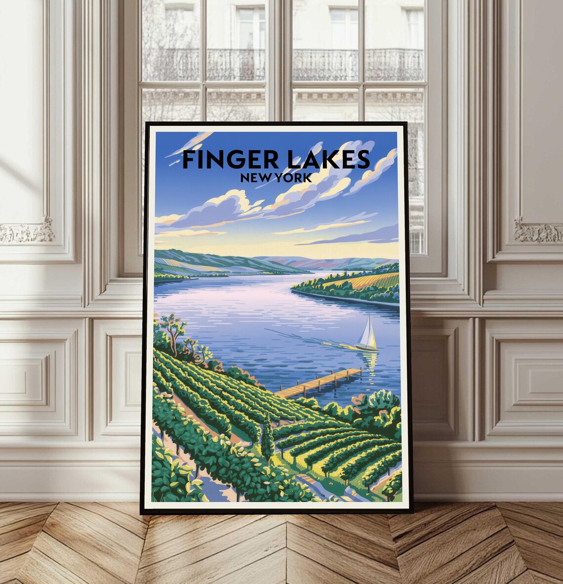 Finger Lakes New York Sailboat and Vineyards Travel Art Poster