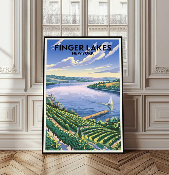 Finger Lakes New York Sailboat and Vineyards Travel Art Poster