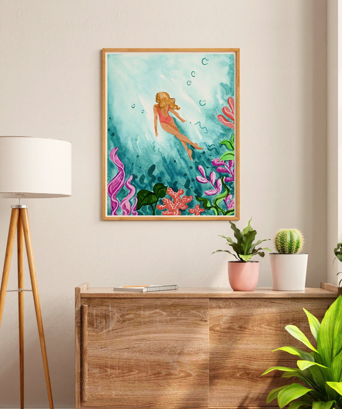 Woman Swimming Underwater Ocean Art Print - Image 3