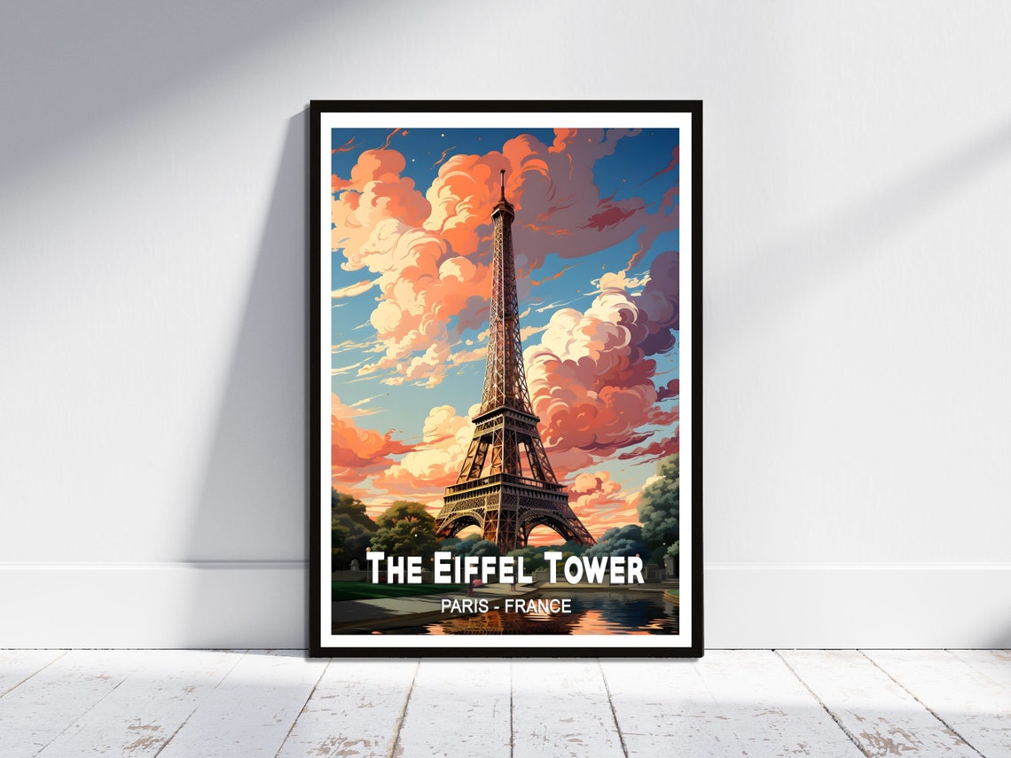 Eiffel Tower Paris Sunset Pink Clouds Romantic Vintage Travel Poster