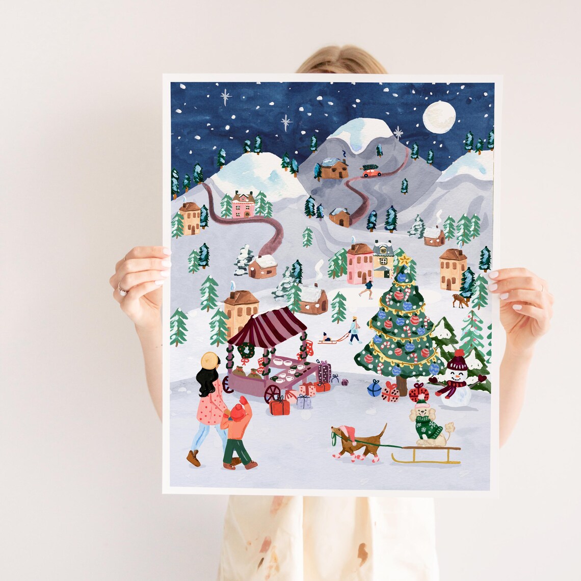 Christmas Village Watercolor Art Print, Holiday Decor - Image 3