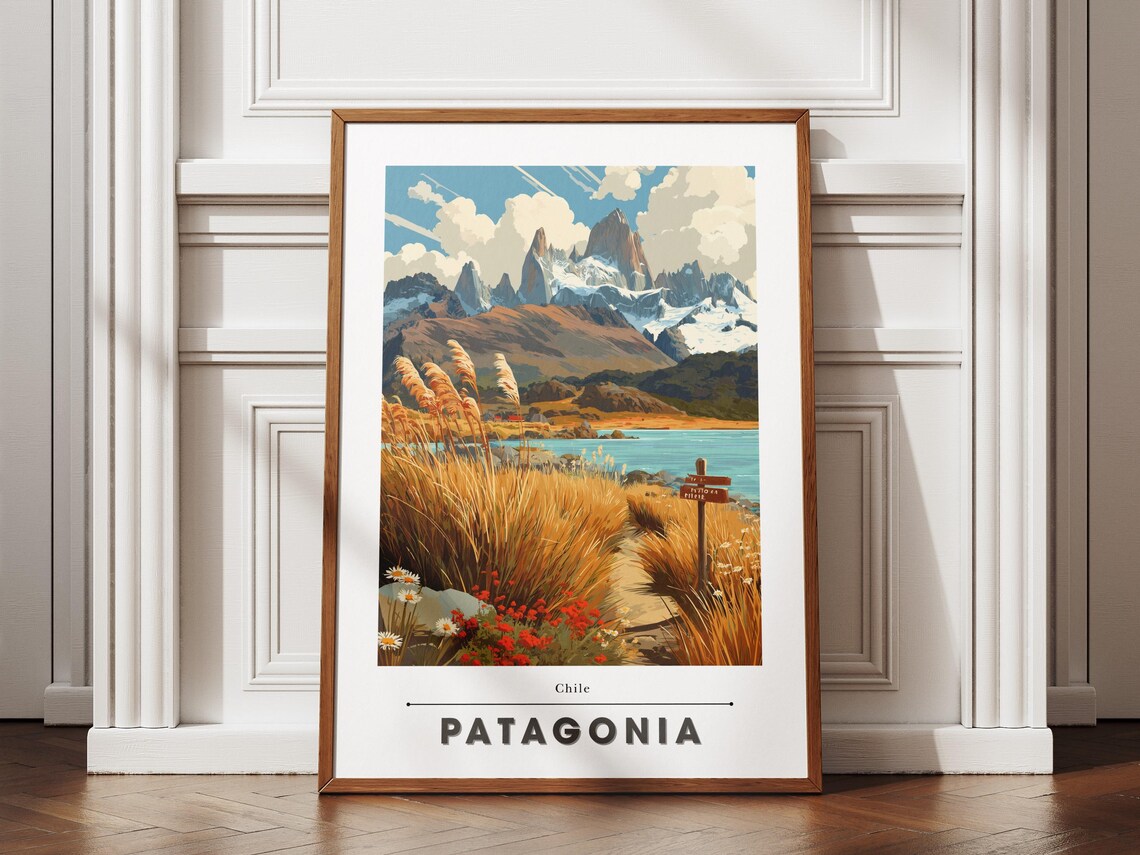 Patagonia Chile Mountain Peaks and Glacial Lake Travel Poster