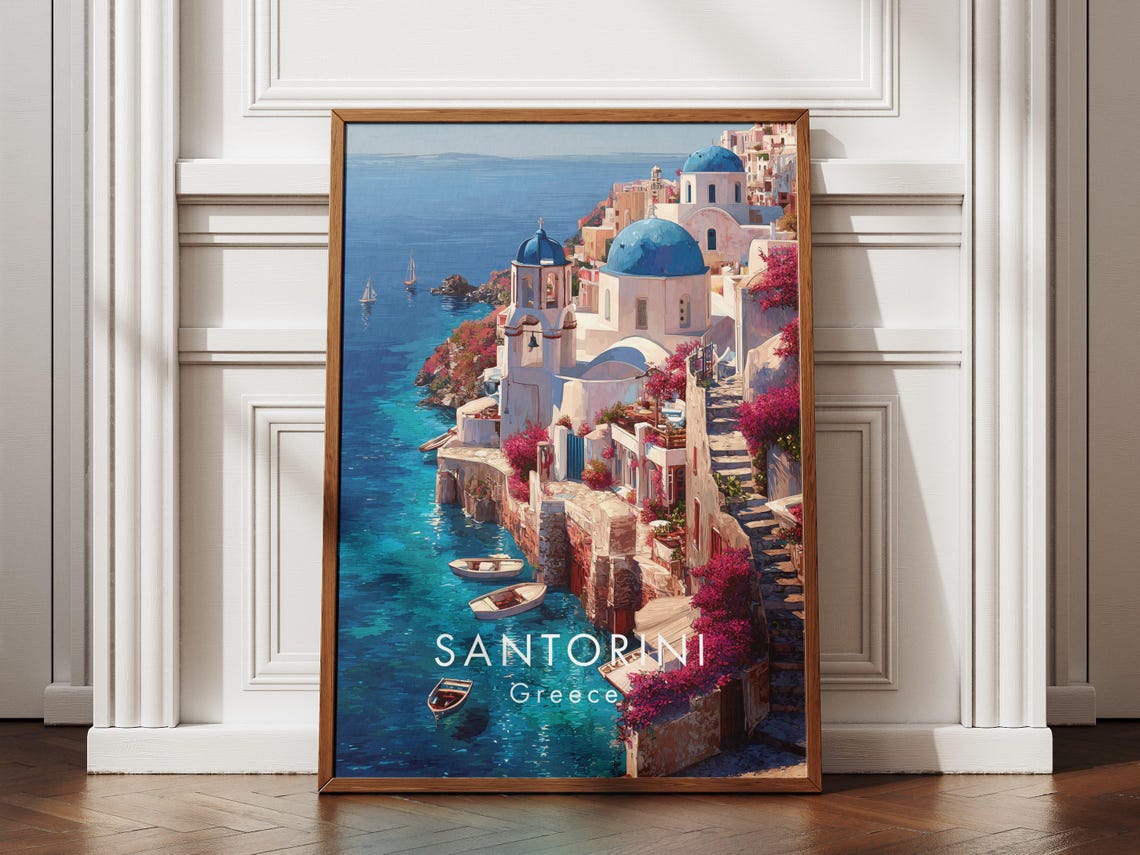 Santorini Greece Blue Dome Churches Bougainvillea Aegean Poster