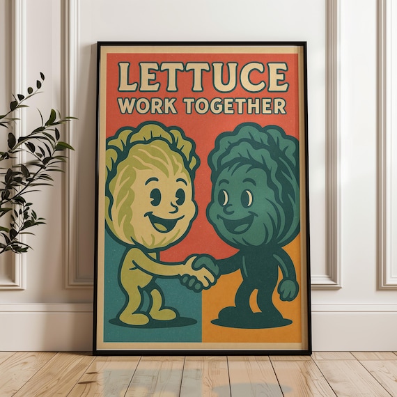 Lettuce Work Together Funny Veggie Friends Retro Kitchen Poster