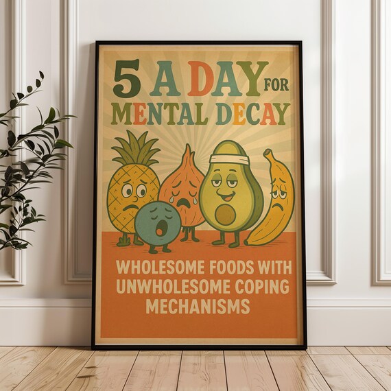 Funny 5 A Day for Mental Decay Retro Stressed Fruit Pun Poster