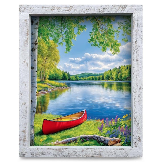 Colorful Lake Canoe Scene Real Wood Framed Wall Art Print