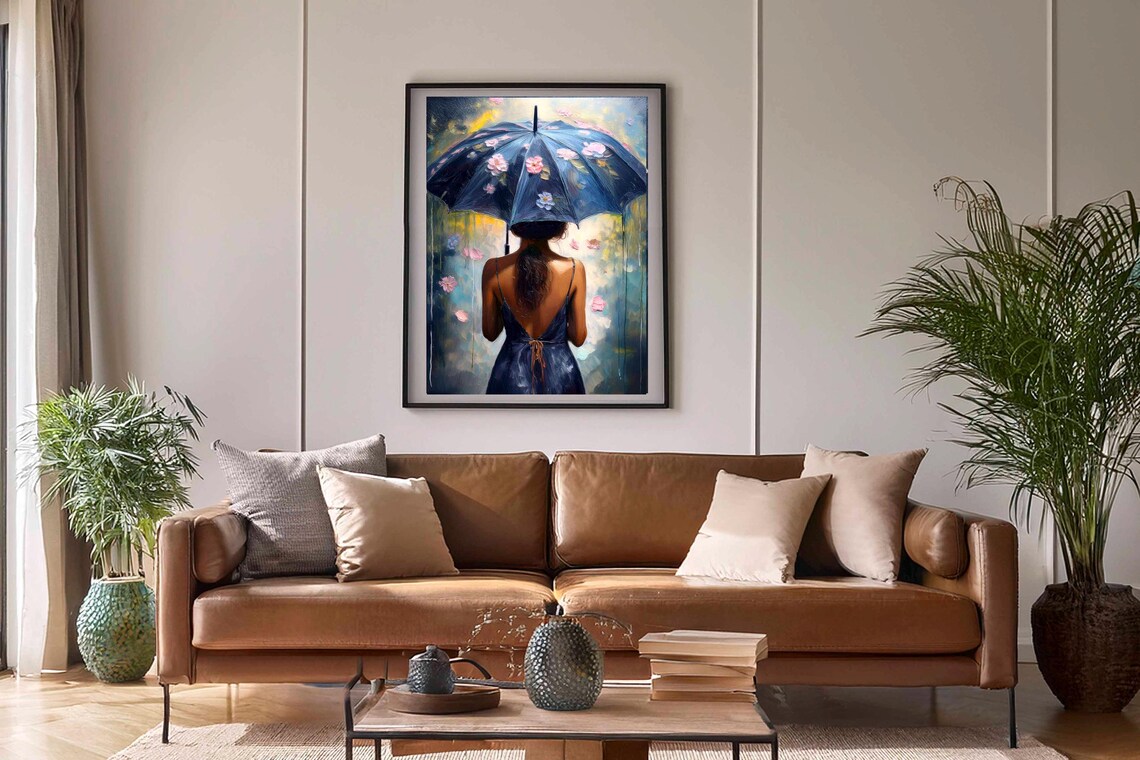 Woman With Dark Floral Umbrella Under Warm Golden Light Poster - Image 2