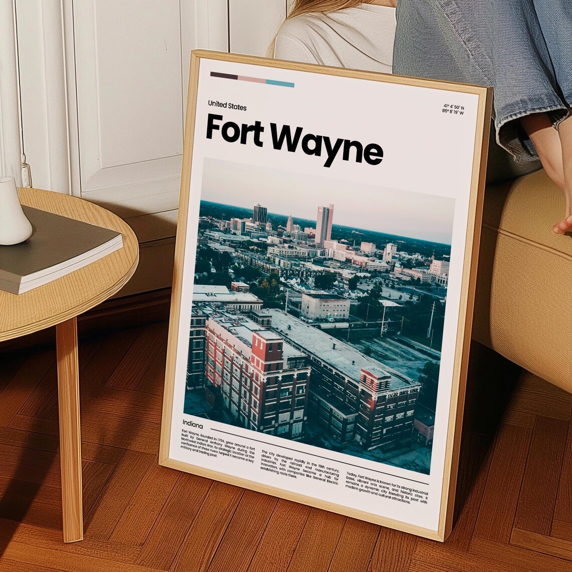 Fort Wayne Downtown Aerial Indiana Bright Skyline Travel Poster - Image 3