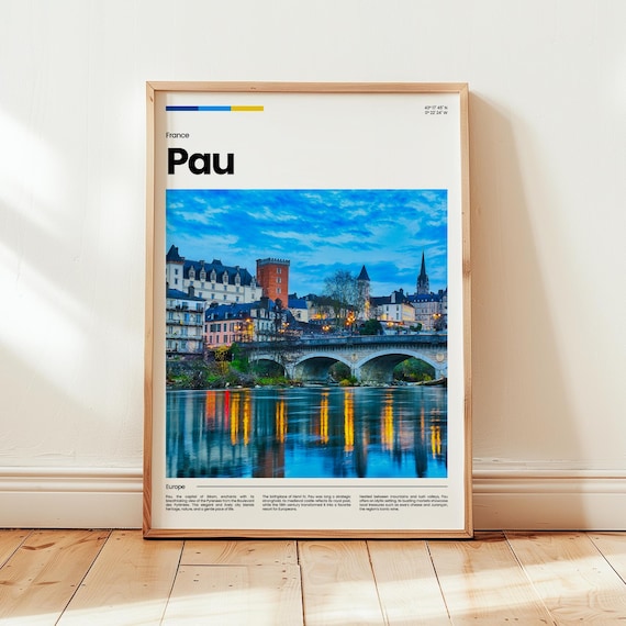 Pau France Riverside Castle And Bridge Night Reflections Travel Poster