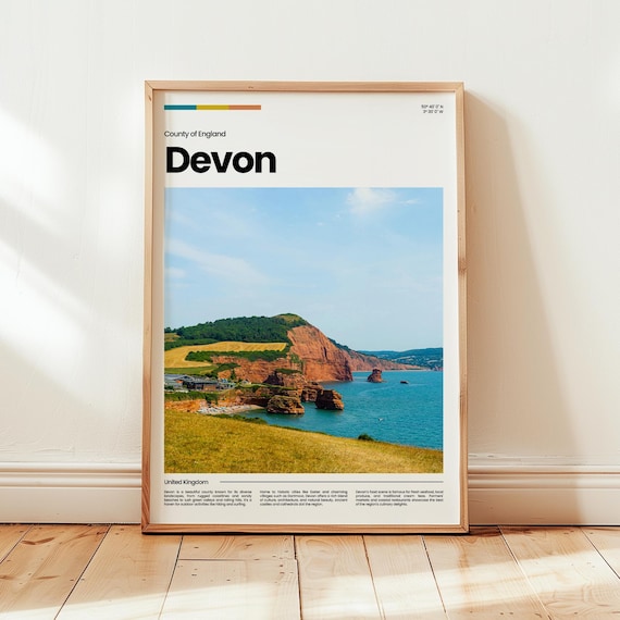 Devon England Red Cliffs Coastline Blue Sea Travel Poster UK