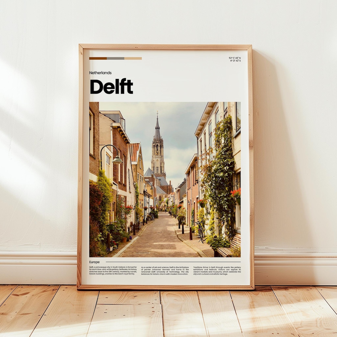 Delft Netherlands Cobblestone Street Church Tower Photo Travel Poster