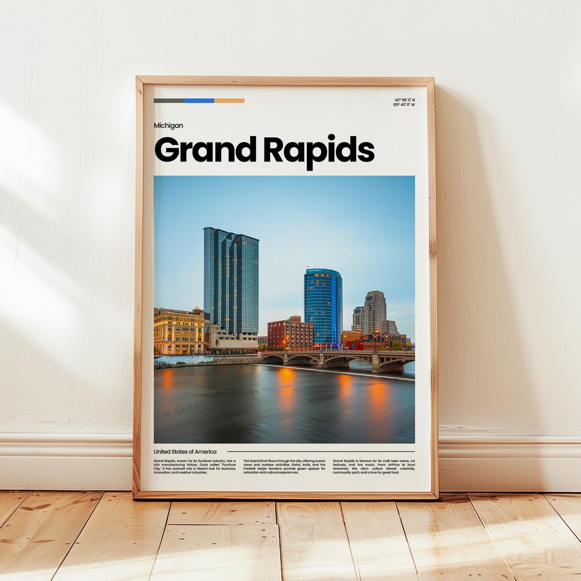 Grand Rapids Michigan Skyline River Dusk Photo Travel Poster