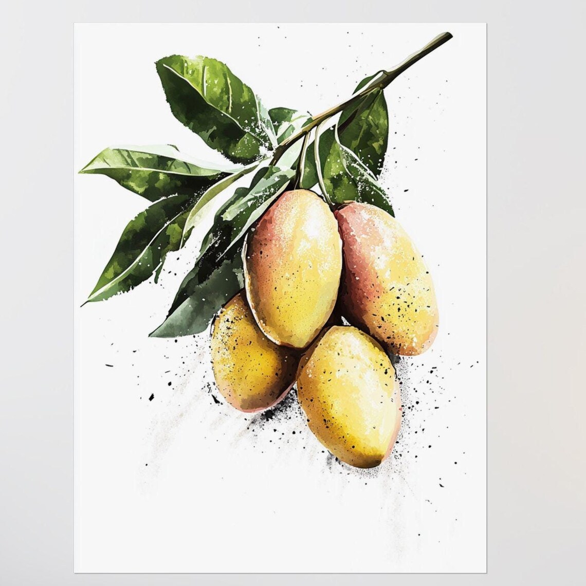 Ripe Mangoes On The Branch Watercolor Fruit Kitchen Wall Poster