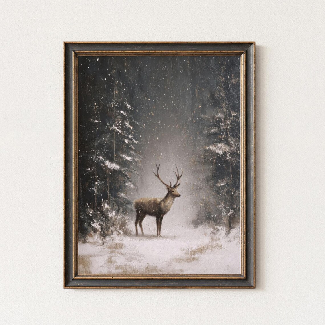 Deer Stag Snowy Forest Moody Winter Wildlife Painting Art Poster