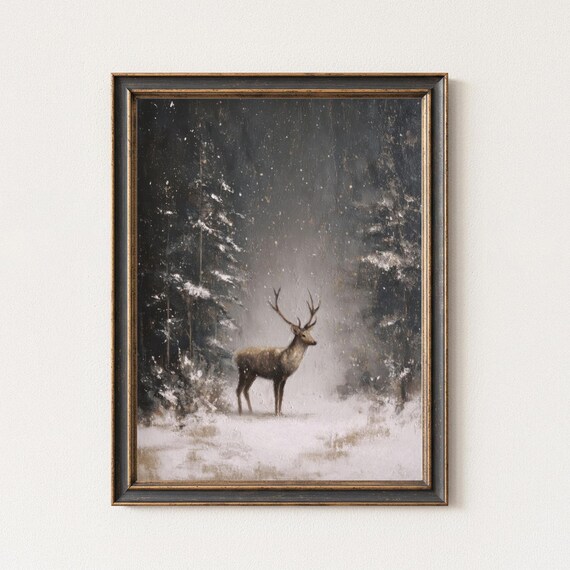 Deer Stag Snowy Forest Moody Winter Wildlife Painting Art Poster