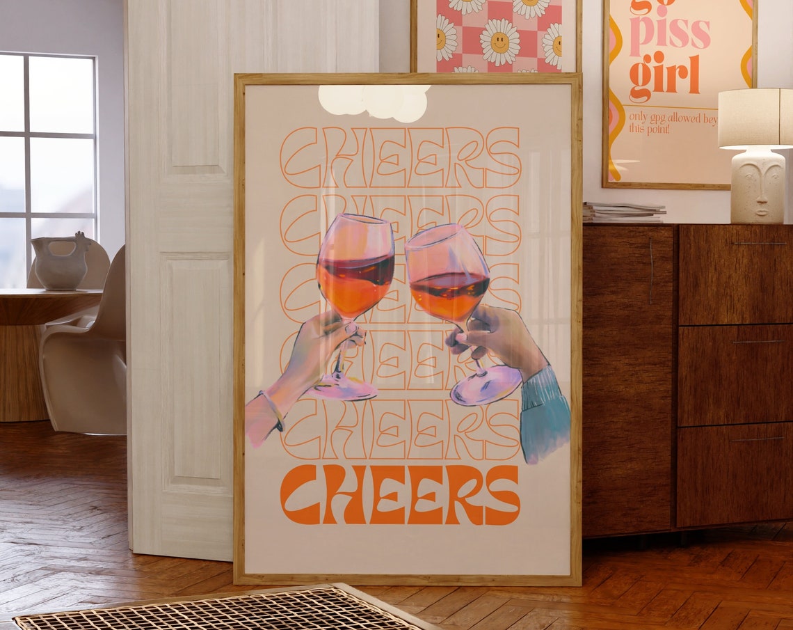 Cheers Retro Outline Typography Clinking Wine Glasses Poster