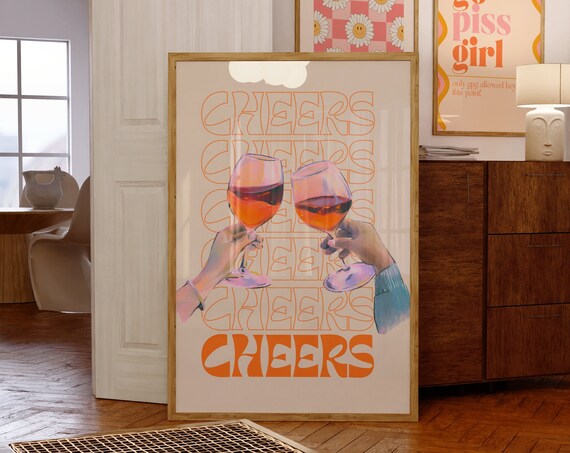Cheers Retro Outline Typography Clinking Wine Glasses Poster