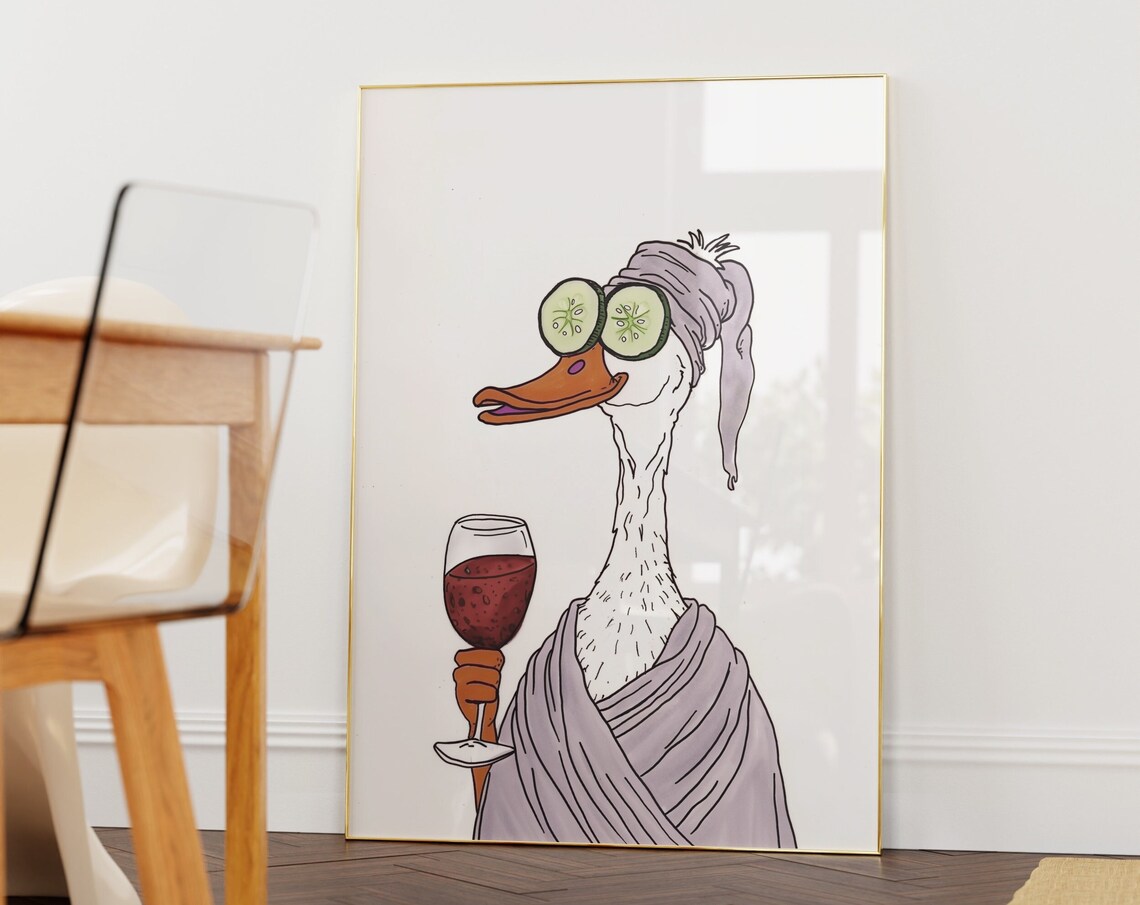 Spa Day Duck with Cucumber Eyes and Wine Glass Funny Animal Poster