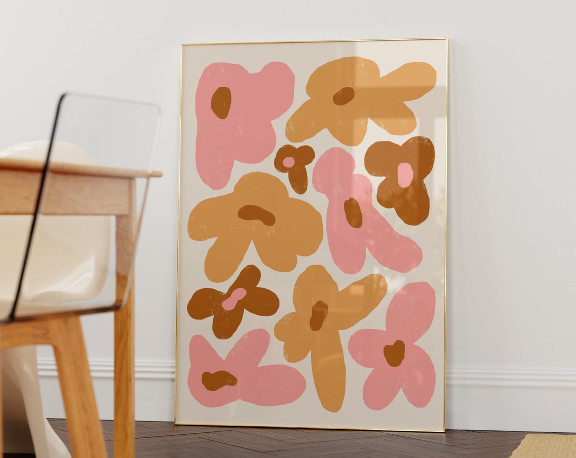 Retro Groovy Flower Power 70s Abstract Daisy Pink Orange Floral Poster - Image 2
