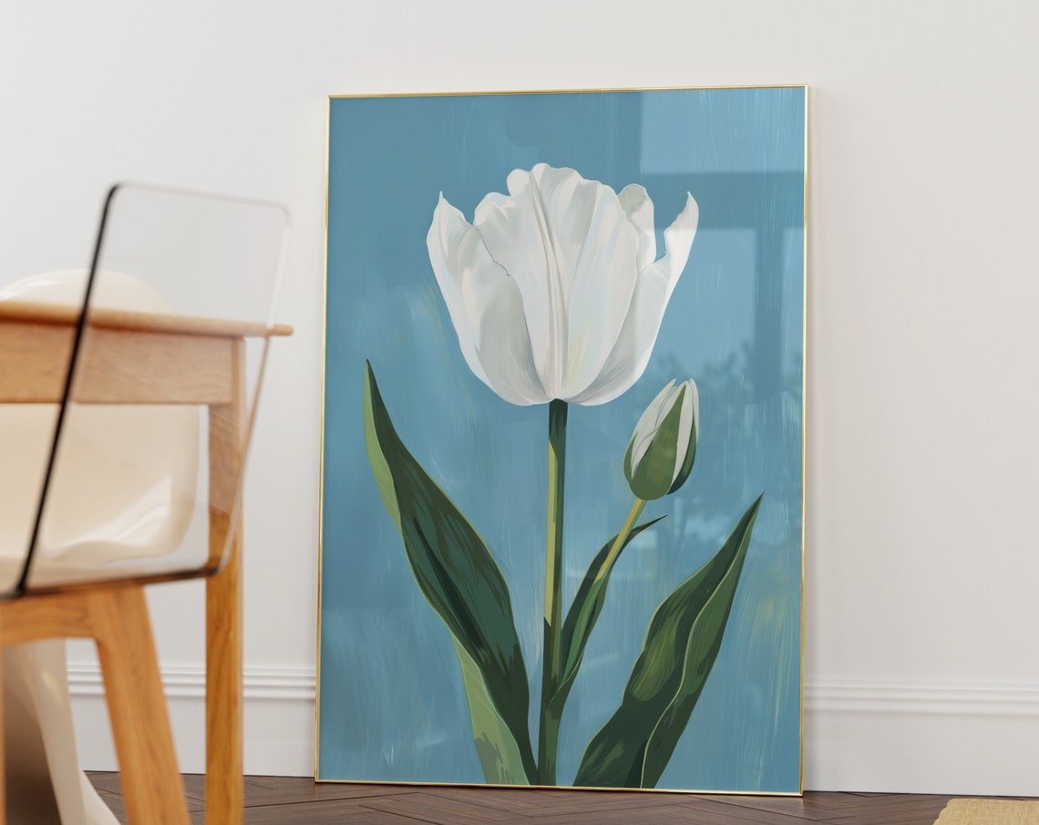 White Tulip Blue Background Elegant Minimalist Floral Bloom Poster