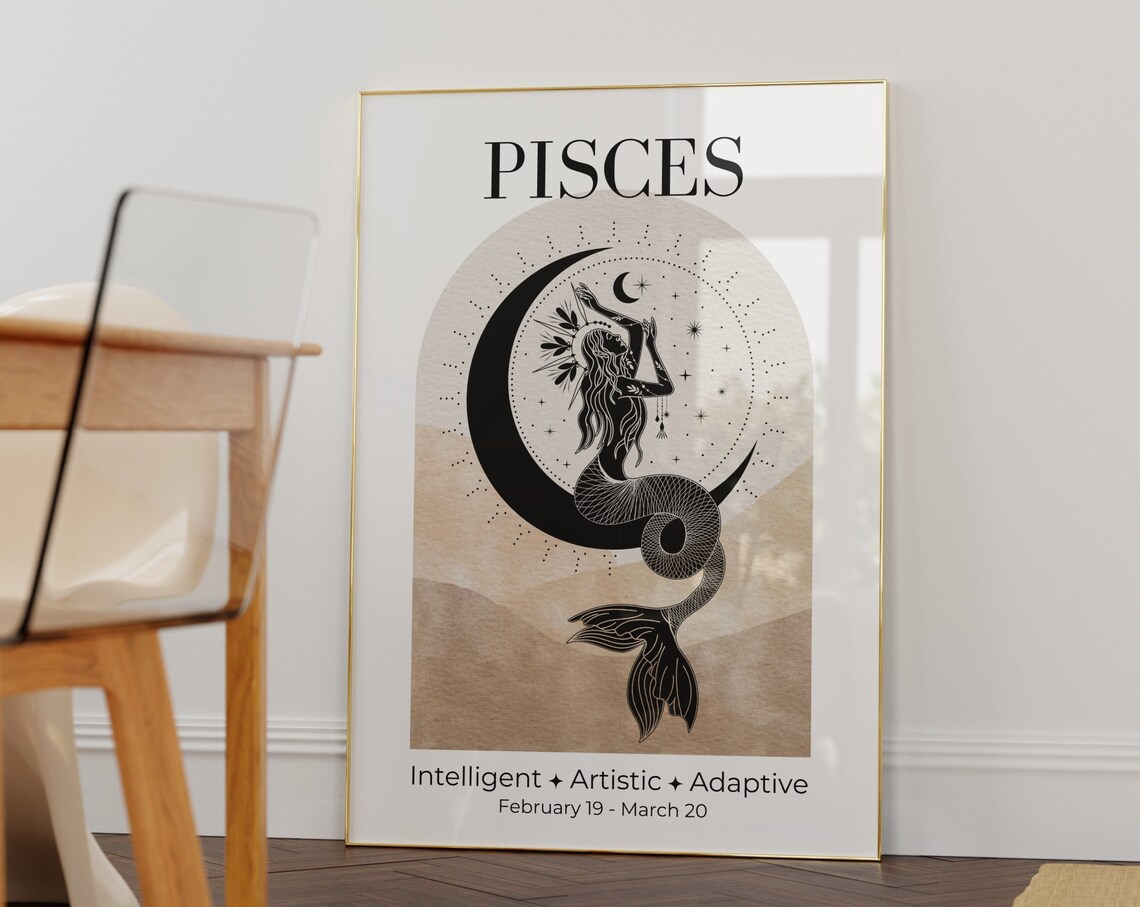 Pisces Zodiac Goddess Art Print, Celestial Astrology