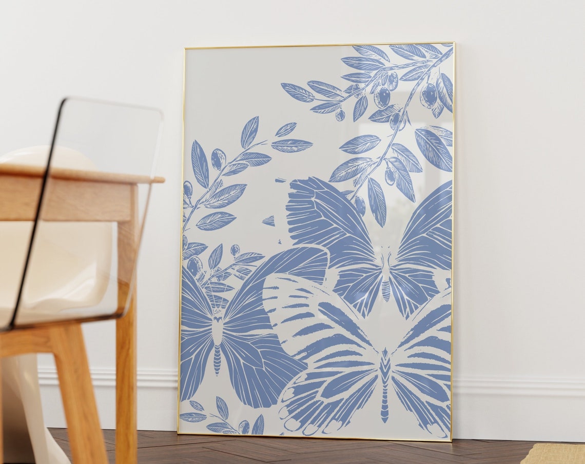 Blue Butterflies Botanical Branches Periwinkle Elegant Nature Poster