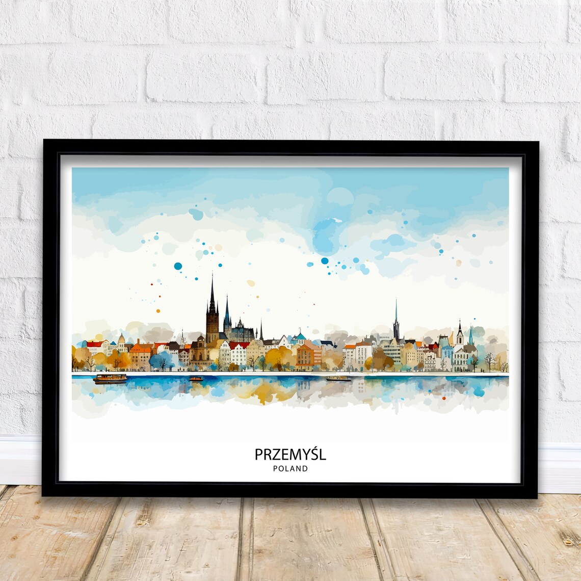 Przemysl Poland Watercolor Old Town Skyline River View Poster
