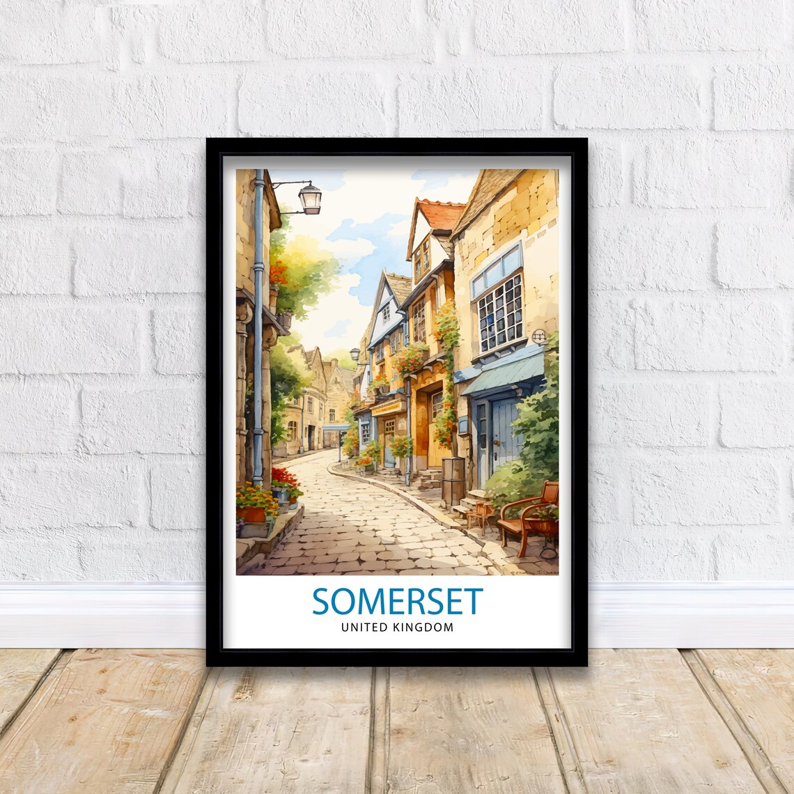 Somerset England Cobblestone Village Street Watercolor Poster - Image 2