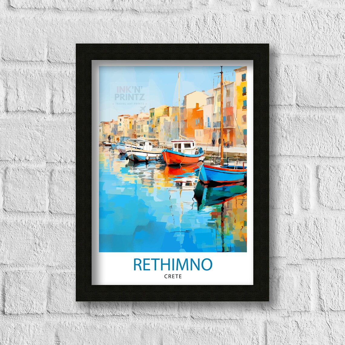 Rethimno Crete Harbor Colorful Fishing Boats Watercolor Poster - Image 3