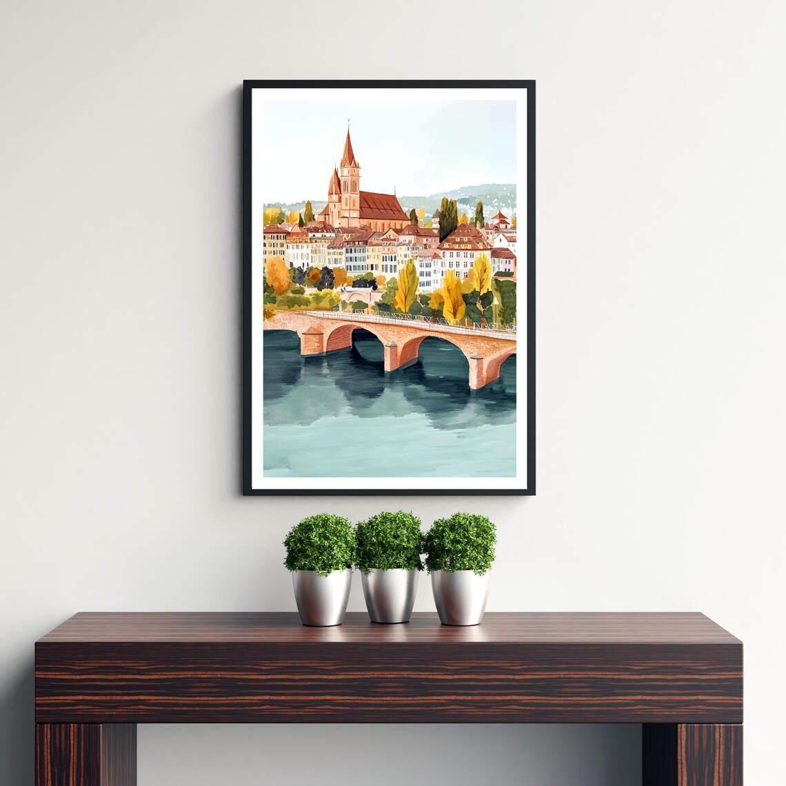 Basel Switzerland Rhine River Stone Bridge Cathedral View Poster - Image 3
