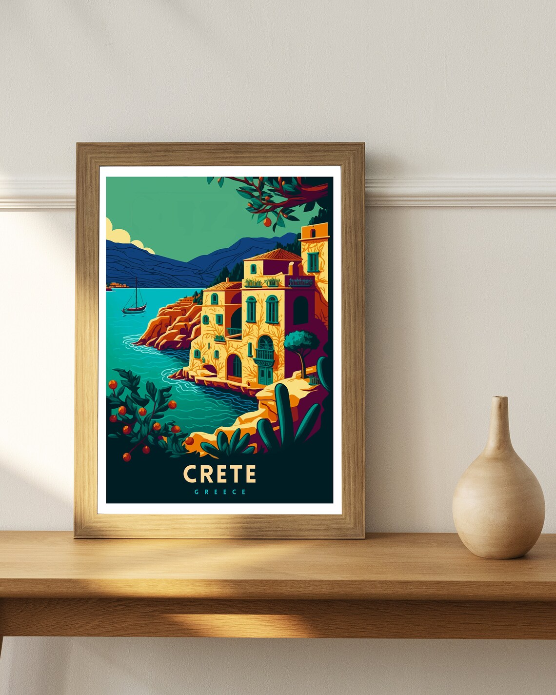Crete Greece Vintage Cliffside Villa and Turquoise Bay Poster - Image 3
