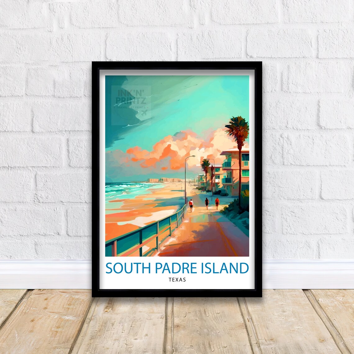 South Padre Island Texas Beach Boardwalk Palm Sunset Travel Poster - Image 2