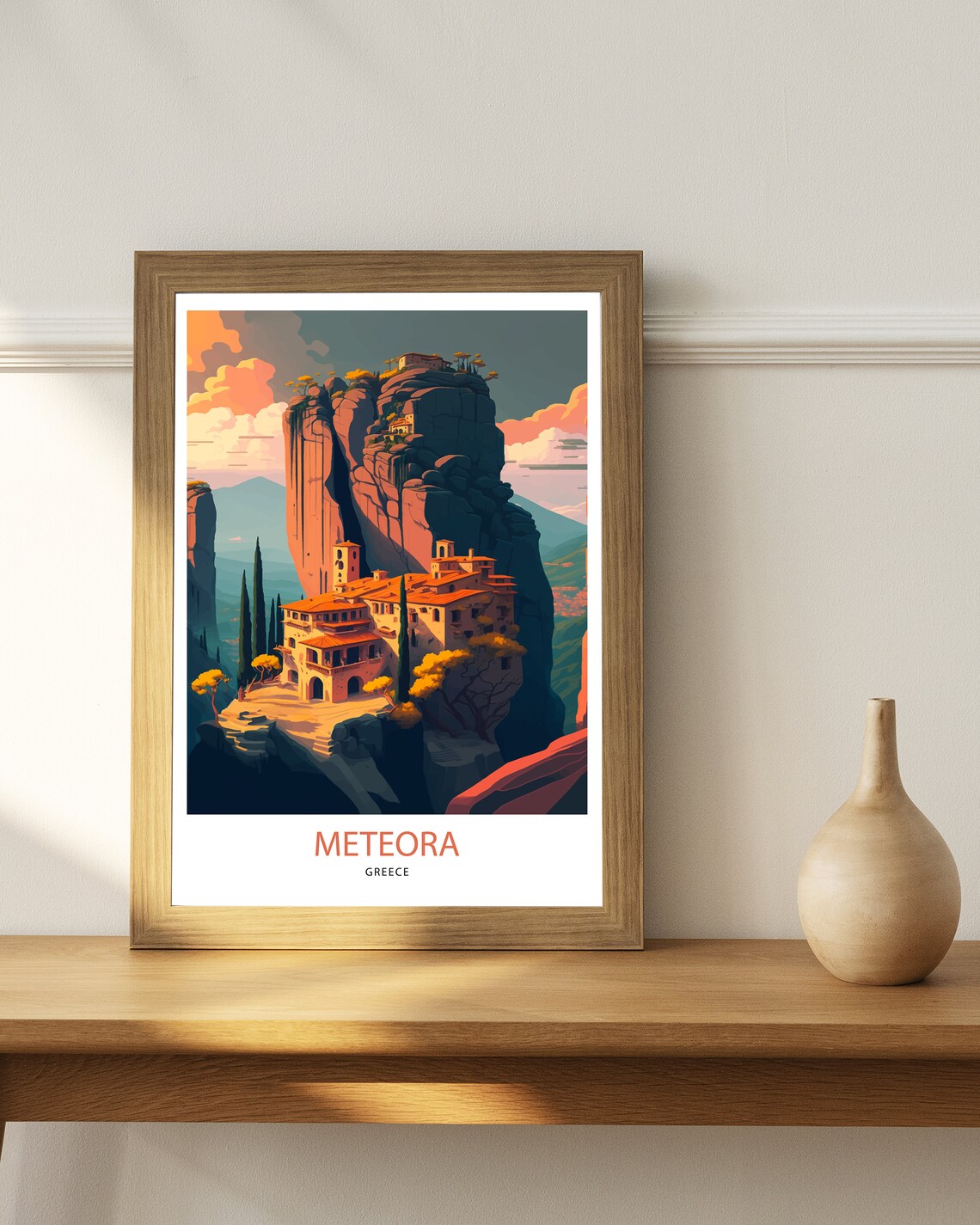 Meteora Greece Cliff Monasteries Golden Hour Retro Travel Poster - Image 2