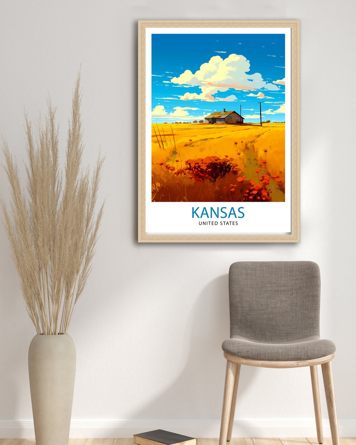 Kansas United States Golden Wheat Field Farmhouse Travel Poster - Image 3