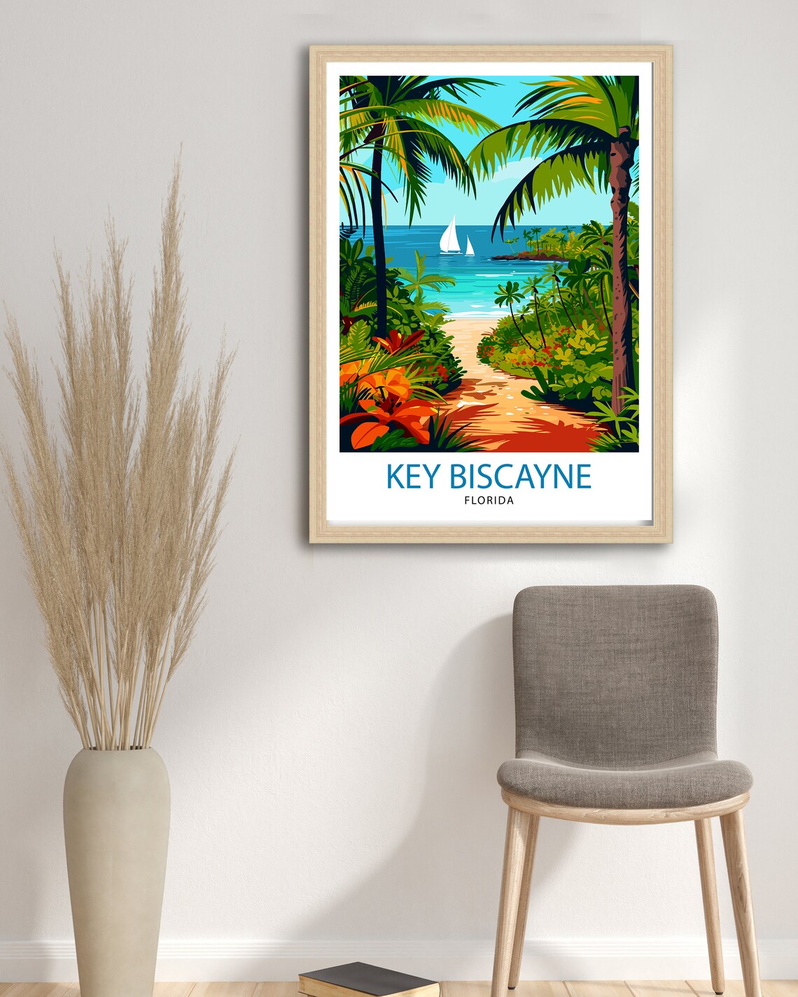 Key Biscayne Florida Tropical Trail Palms Sailboat Bay Travel Poster - Image 2