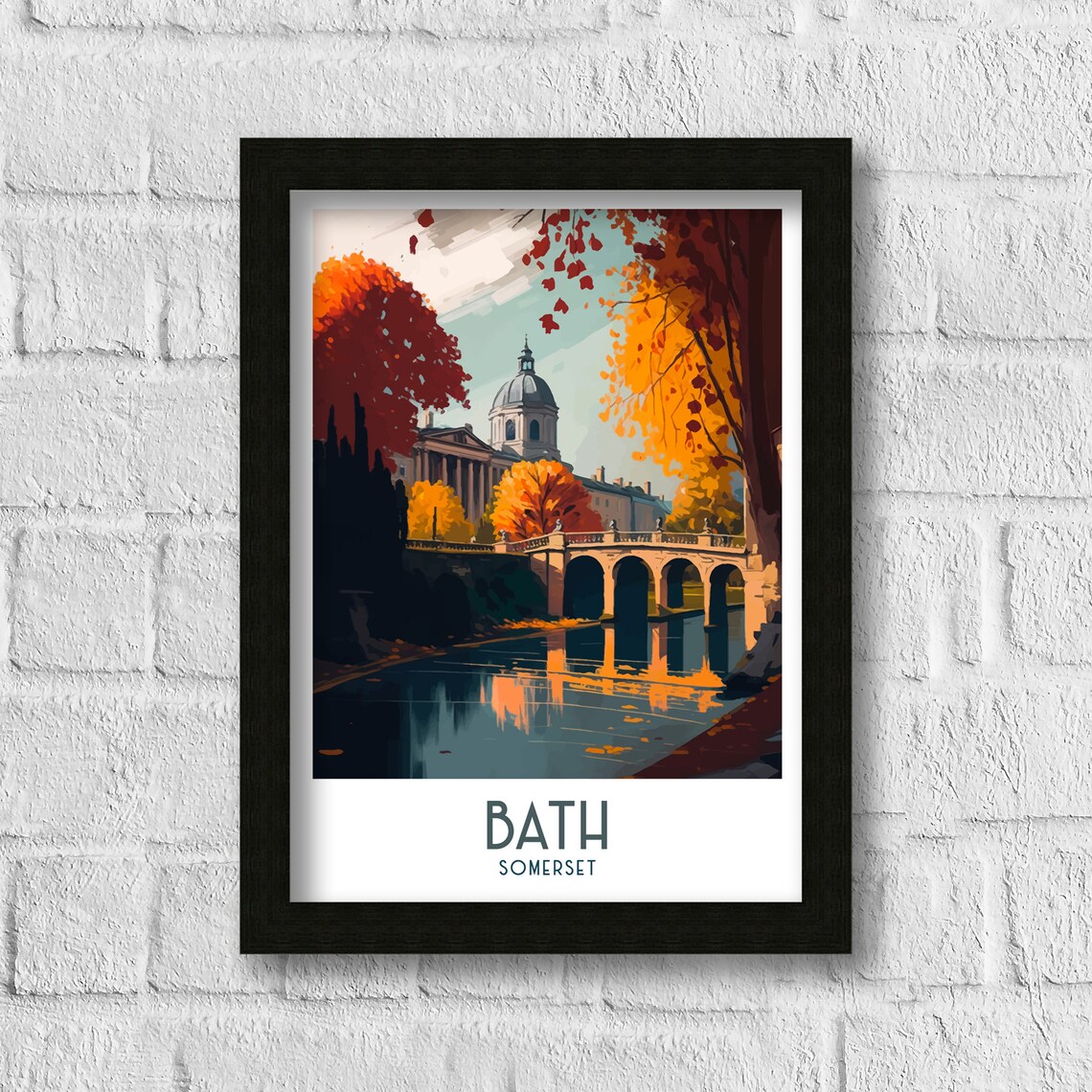 Bath Somerset Historic Bridge Autumn Scene Travel Art Poster - Image 3
