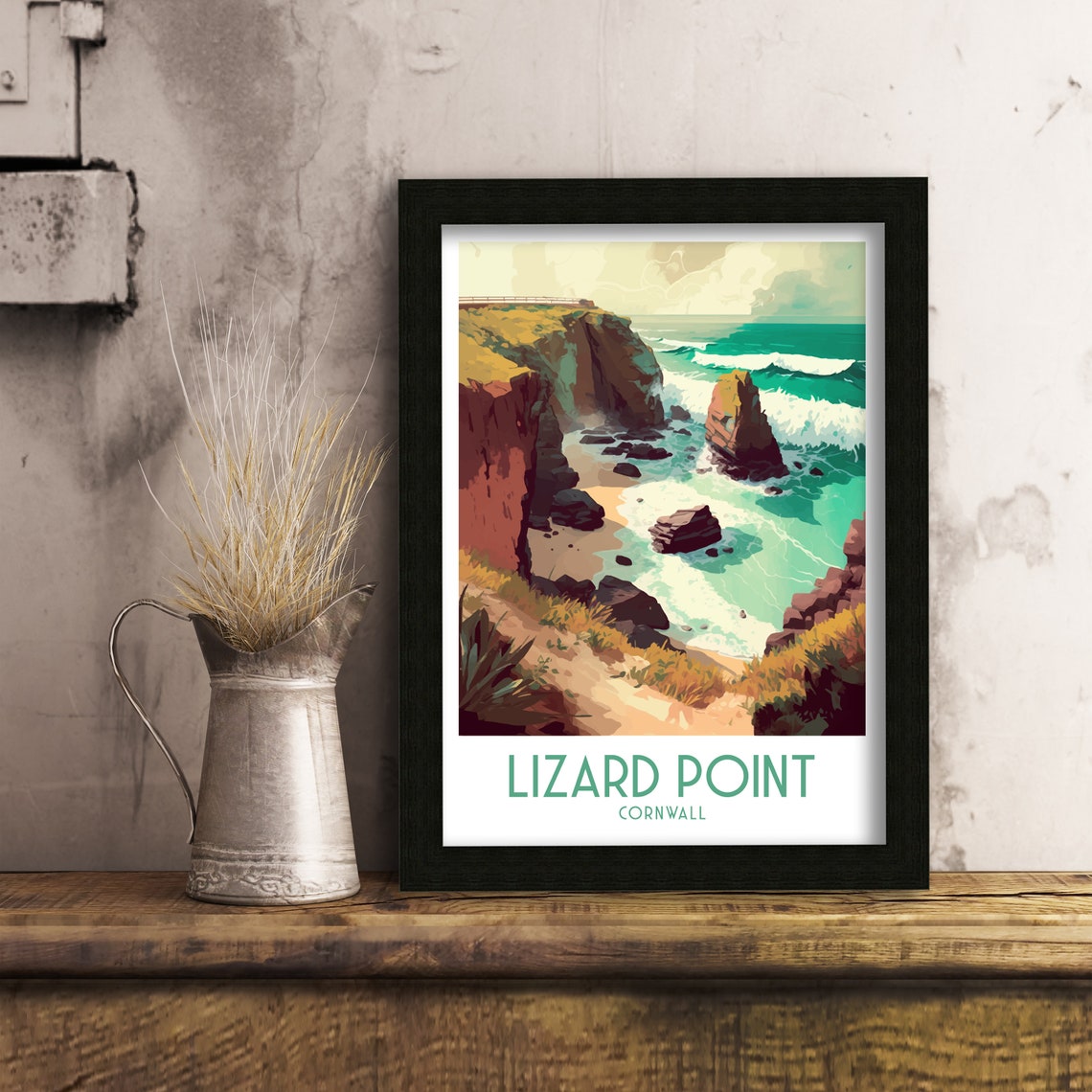 Lizard Point Cornwall Sea Cliffs Retro Travel Illustration Poster - Image 3